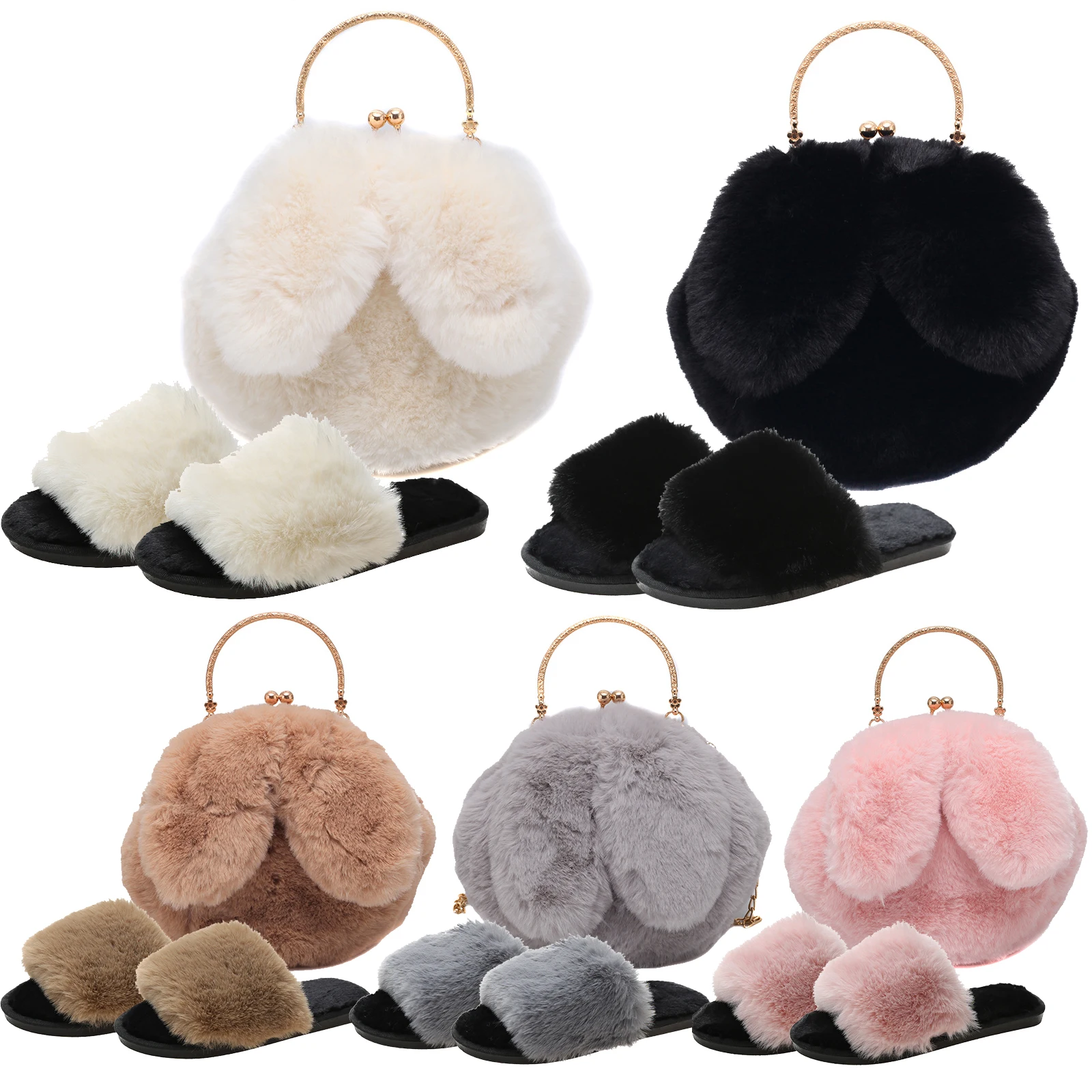 

Wholesale newest design cute handbags fall woman bags fur slides with purse set 2021, 5 colors