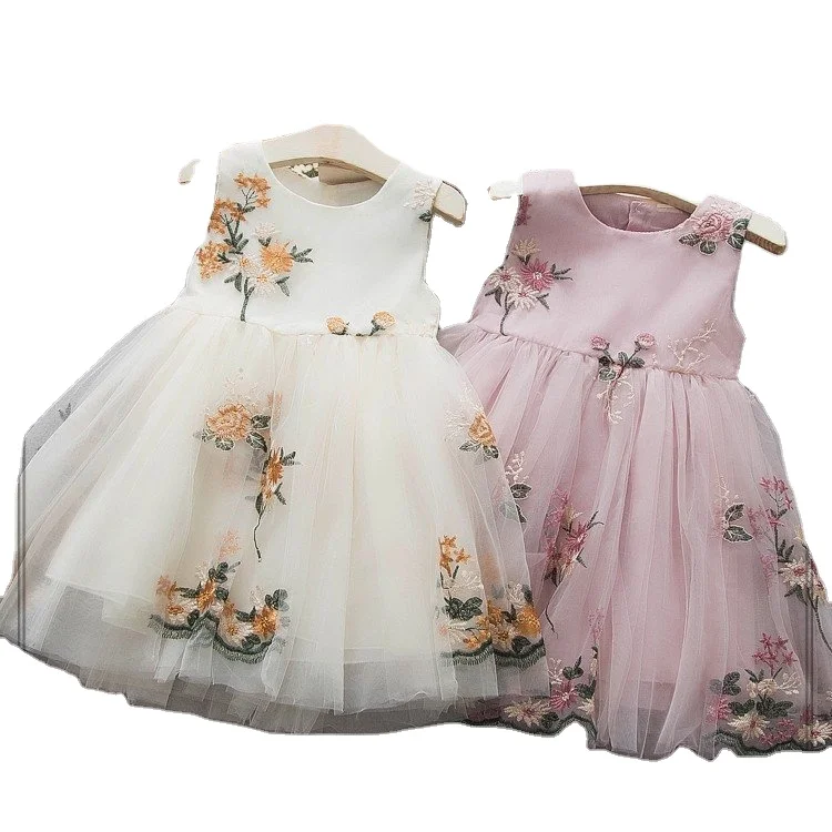

2022 Summer New Sleeveless Embroidered Mesh Gauze Children Girls Dresses, 2 colors