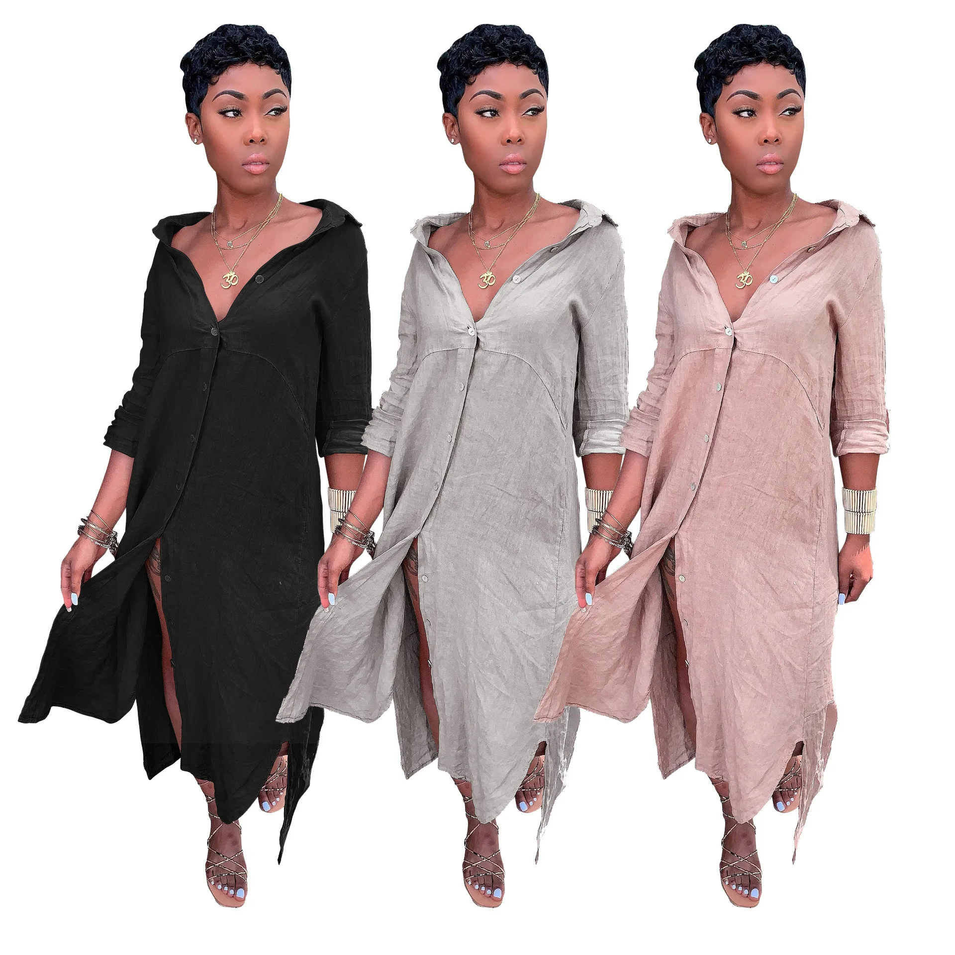 

2021 New Arrivals Women Loose Solid Color Single Breasted Blouse Dresses Amazon Hot Spring Summer Leisure Style Maxi Shirt Dress