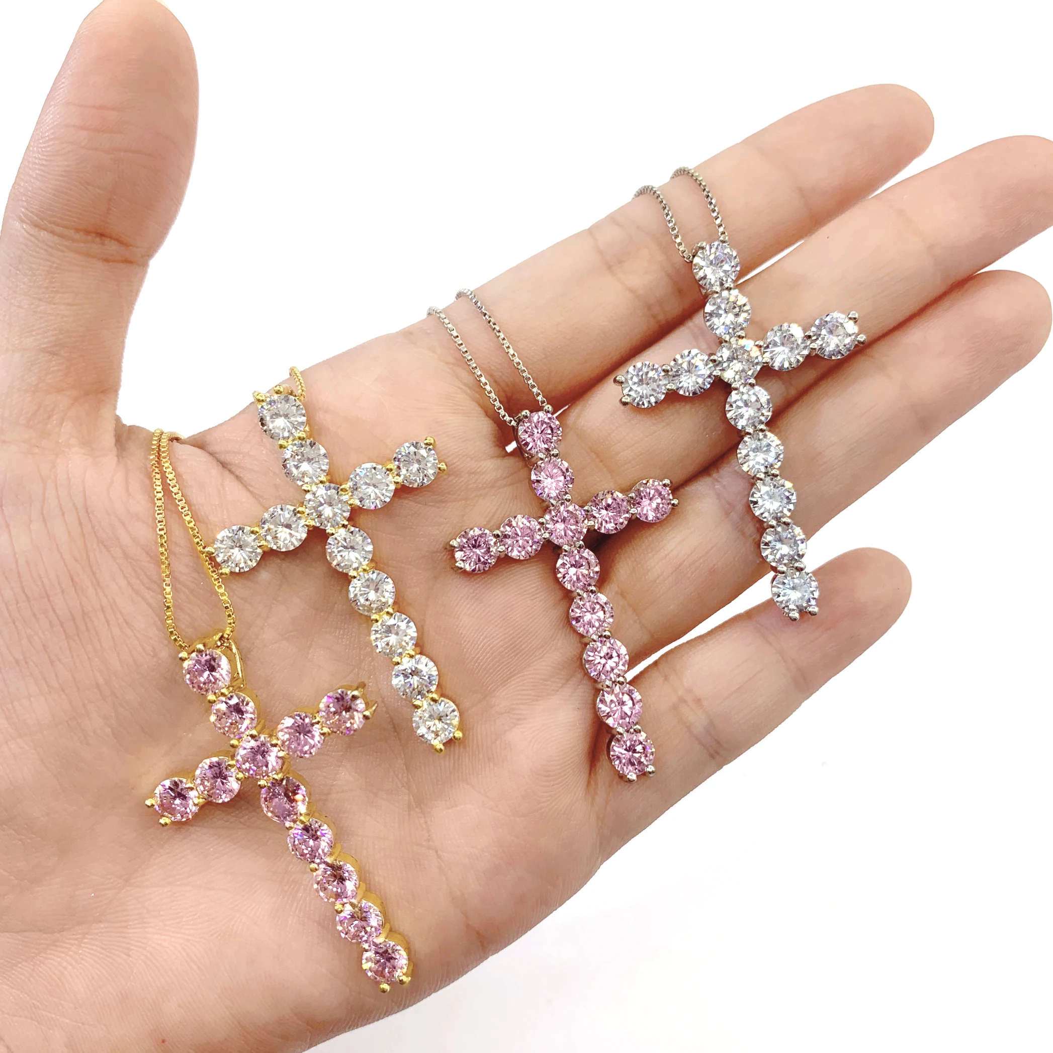 

men women gold plated silver pink diamond stone cross jewelry necklace