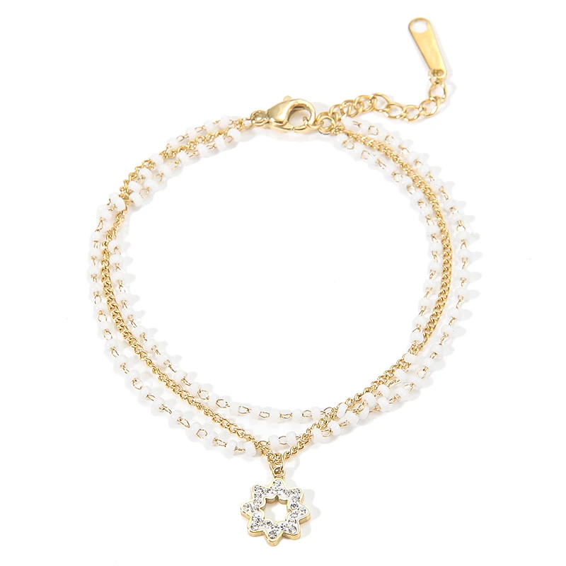 

Handmade Exclusive New Gold Plated Non Tarnish Flower Bracelet Stainless Steel Pendant With Bead Chain, Picture shows