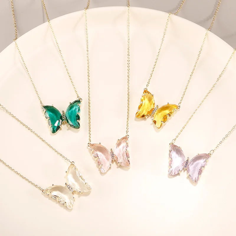 

New Creative Gold Plated Green Glass Butterfly Necklace Clear Crystal Butterfly Necklace For Women Gift, As picture show