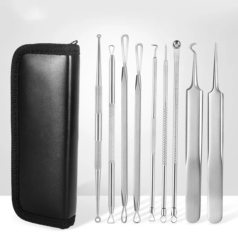 

FOCSTAR 9pcs Whitehead Blackhead Acne Remover Set Comedone Pimple Extractor Tool Kit (BTE017), Silver