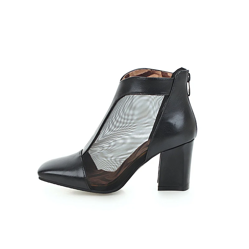 

Stylish Square Head White Mesh Yarn Patchwork Breathable Hollow-out Summer Ankle Boot Shoes, Black white