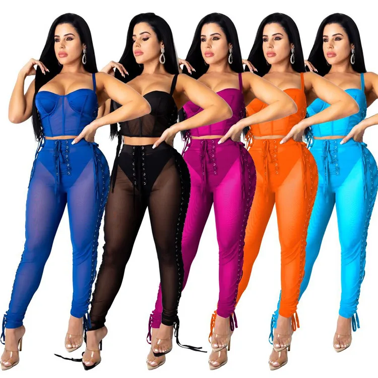 

D96410 womens clothes 2021 trending sexy casual solid color long pants see through breathable Bandage two piece set clothing
