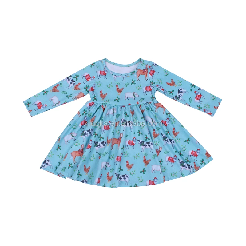 

Christmas Animal Baby Girl Clothes Blue Color Long Sleeves Dresses, Picture