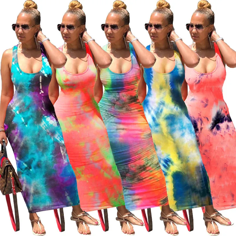 

Amazon Hot Selling Casual Backless Sleeveless Neon Plus Size Lace Up Bandage Maxi Tie Dye Dress Sun Dresses For Women, Contrast color