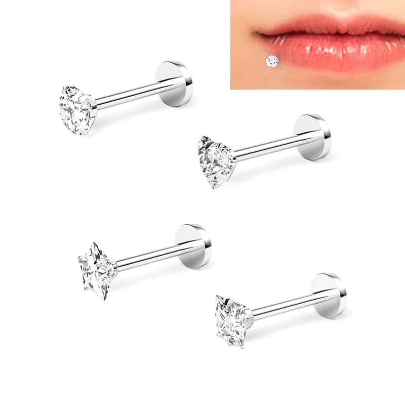 

Hera Jewelry 316L Stainless Steel Round Square Star Heart Shape white zircon internally threaded labret piercing lip stud