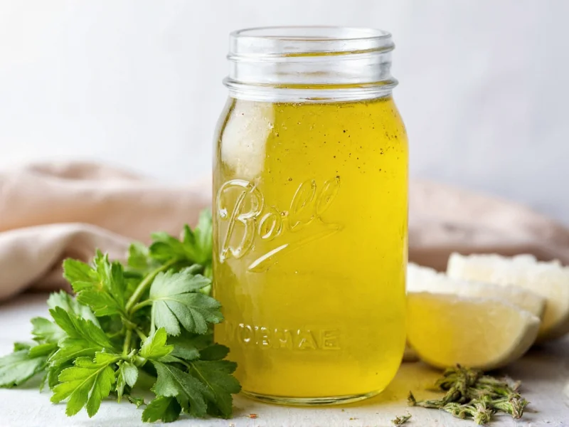 Homemade vinaigrette dressing in mason jar with fresh herbs