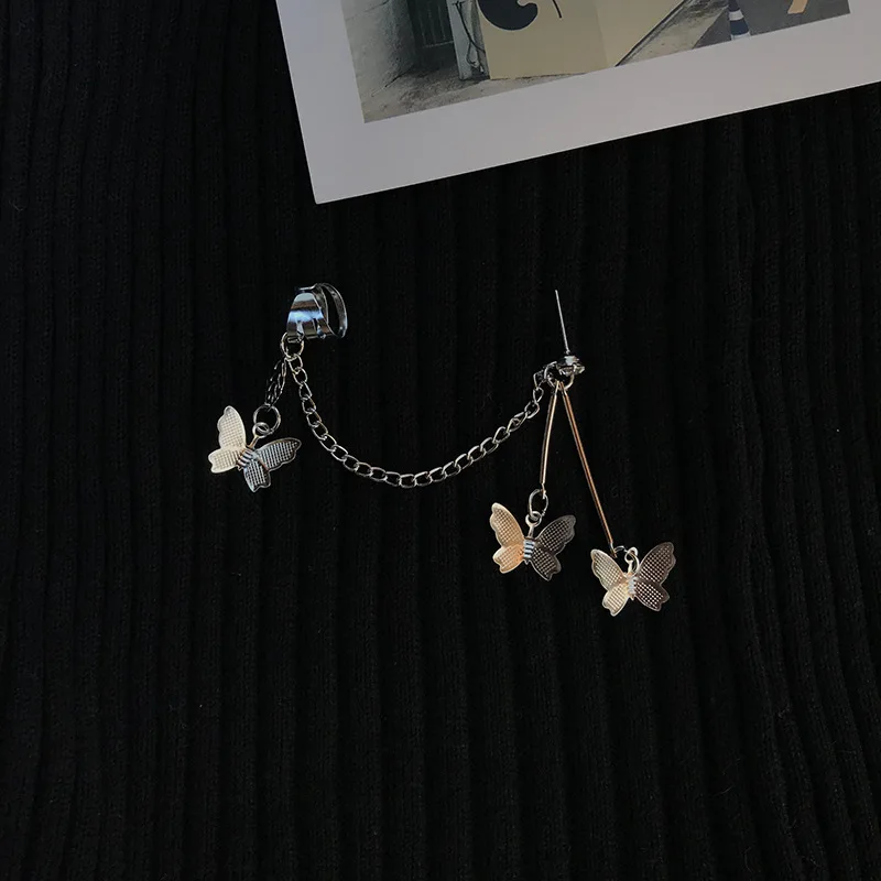 

JUHU jewelry cold style chain butterfly earrings punk cool and handsome all-match one ear buckle ear clip for women gift, Sliver