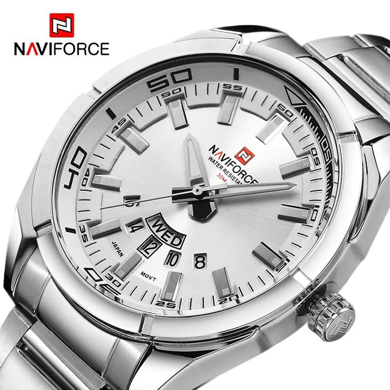 

NAVIFORCE 9038 Quartz Fashion Mens Complete Calendar Week Show Stainless Steel Watch Relogio Masculino, As picture