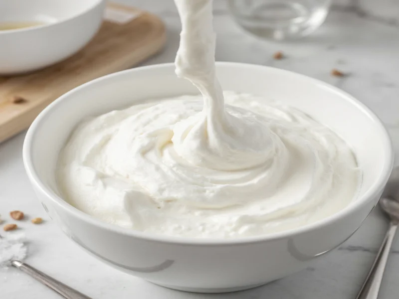 Whipped cream showing soft peak curl in mixing bowl