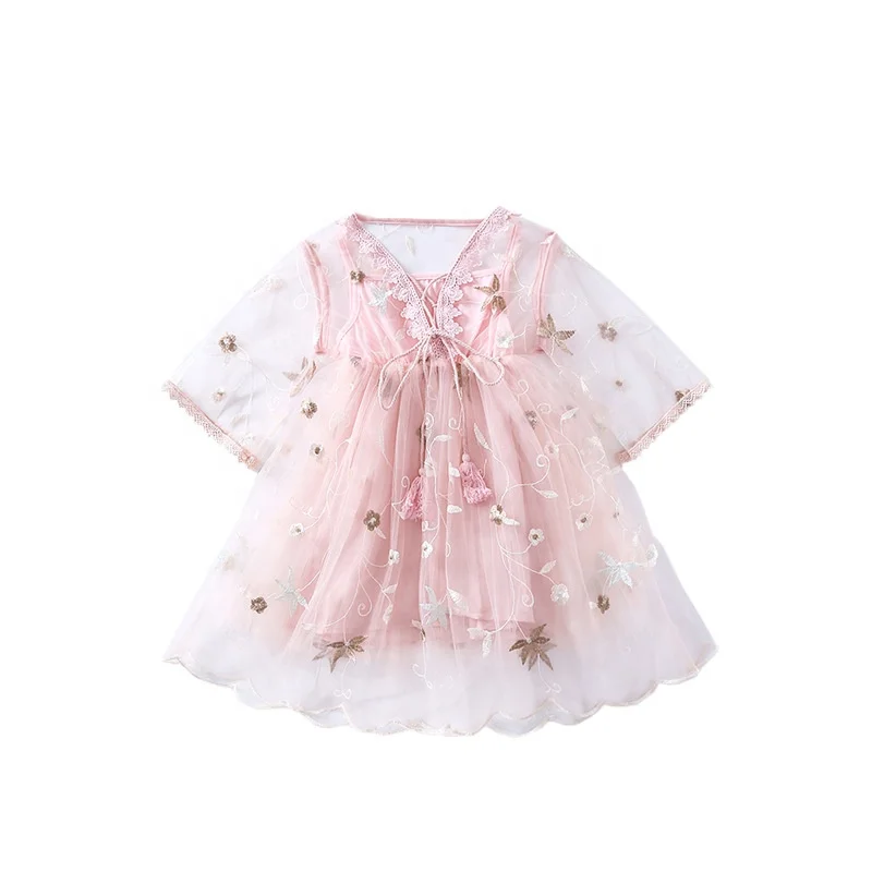 

B60741A The new 2019 summer Korean version of the girl's sweet mesh dress lace skirt, Pink/rice