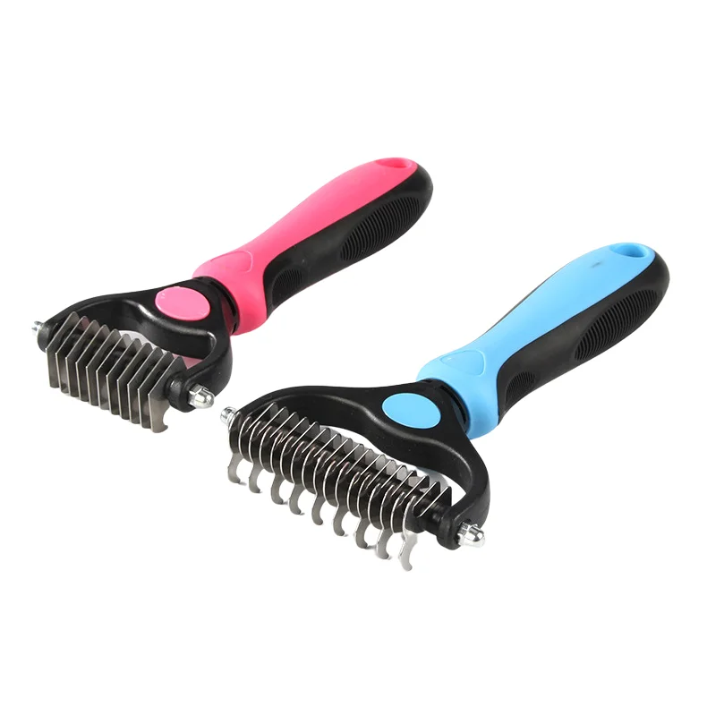 

Free sample Amazon supplier Pet Grooming Wide Brush Double Sided Shedding Dematting Undercoat Rake Dog Hair Comb, Blue,pink