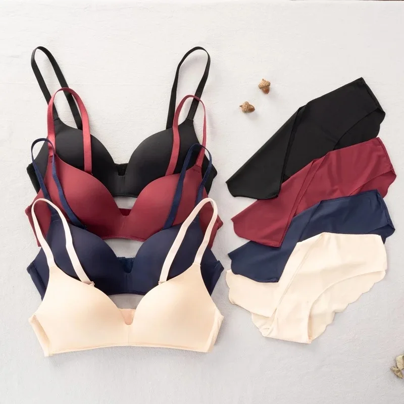 

Women Panties Non Wired Bra Set Seamless Small Chest Push Up Underwear British Style Ice Silk