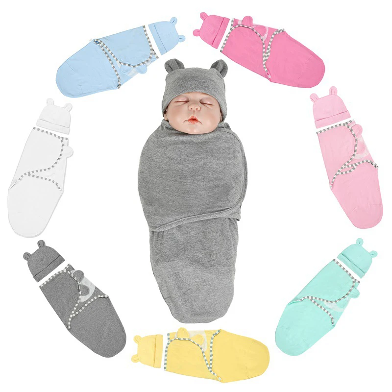 

Newborn Baby Sleeping Bag Cocoon Muslin Wrap Baby Sleep Sack with Hat Set, As picture