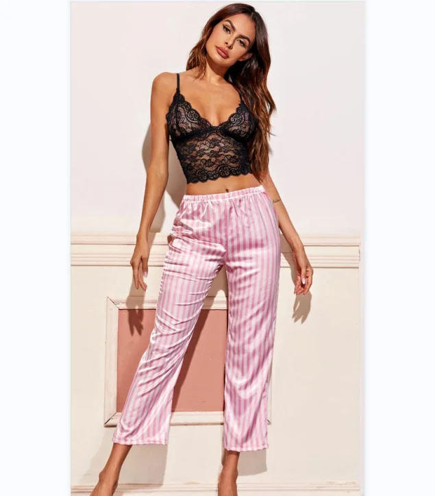 

sfy2040 wholesale woemn's striped satin silk sleepwear sexy lace Sleeveless tops+trousers comfortable pajamas suit