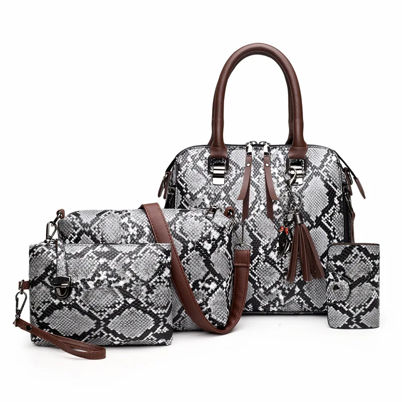

2021New PU Women's Snake Bag Clash Color Hand Carry-on Mother Bag 4-piece Satchel Cross Body Bag, 5 colors