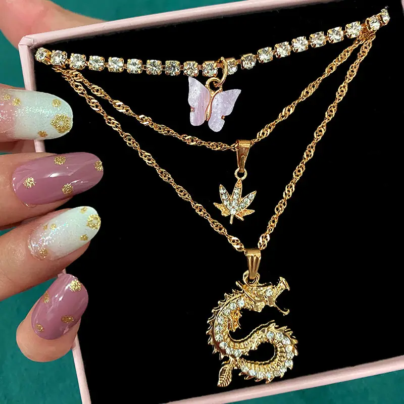 

2020 New Fashion Punk Jewelry Pink Glitter Choker Chic Multilayer Crystal Butterfly Dragon Pendant Necklace, Gold