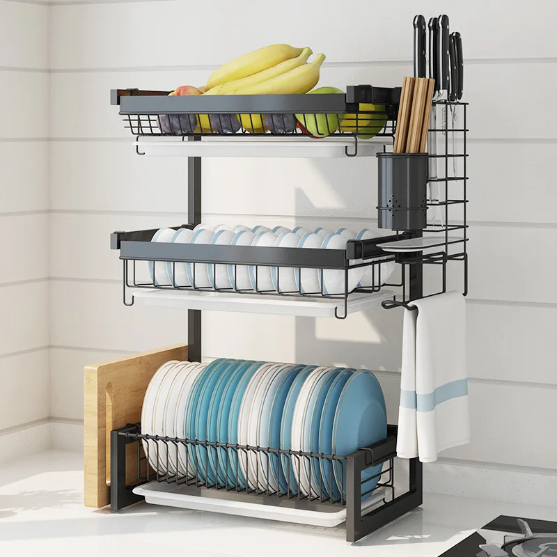 

Hot Sales Black Coating Multifunctional 3 Tier Dish Rack Strong Load Bearing Detachable Kitchen Dish Drying Rack