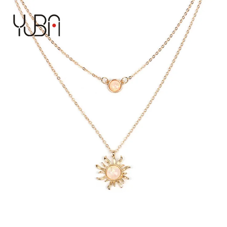 

Bohemia opal choker sunflower charm pendant necklace multilayer chain for women and girls