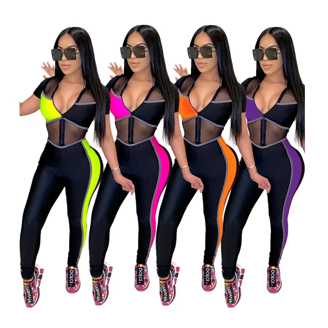 

GX4213 Wholesale 2020 Casual Patchwork Mesh Fitness Jumpsuit Vendor Bodycon Sexy Women One Piece Jumpsuits And Rompers, Picture