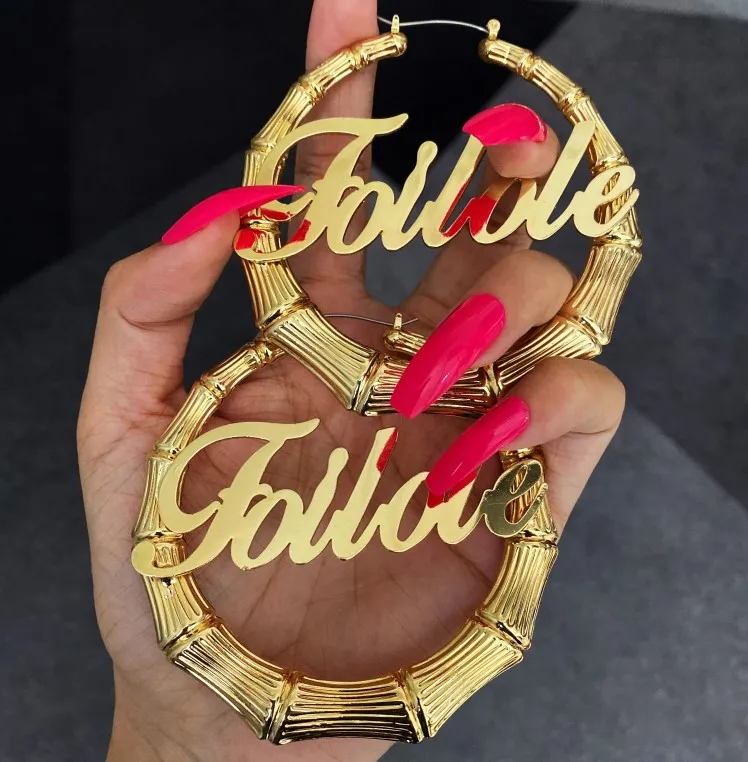 

Custom 18k gold plated personalised Name bamboo hoop earrings women statement fashion jewelry big earring