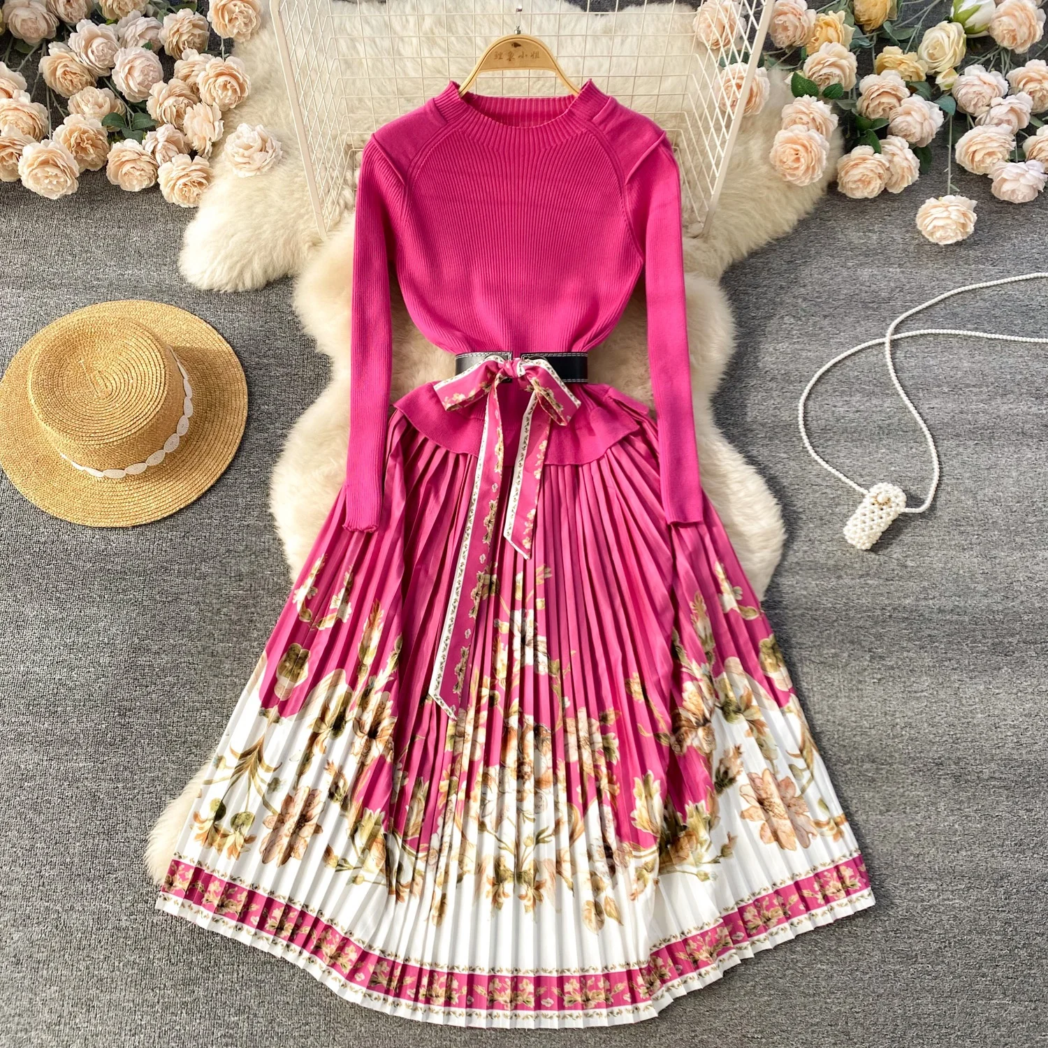 

Fall Winter New Fashion Print Spliced Knitted Dress With Pleats For Women