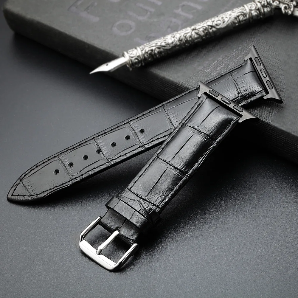 

Cowhide Genuine Leather Crocodile Watch Strap For Apple Watch High Quality Layer Bamboo Grain Leather Apple Watch Band