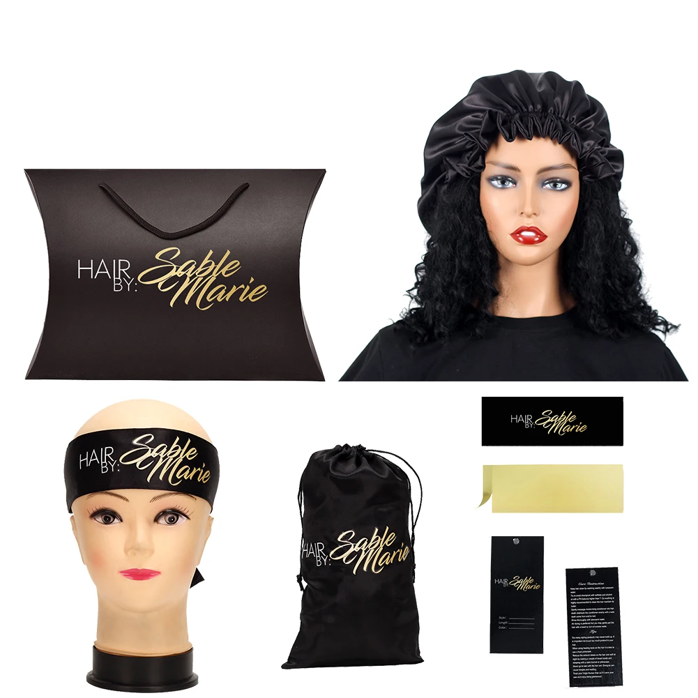 

Customize Logo Black Virgin Hair Bundle Packaging Box Set With Satin Bags,Edge Headband,Hang Tag and Bonnets For Wigs