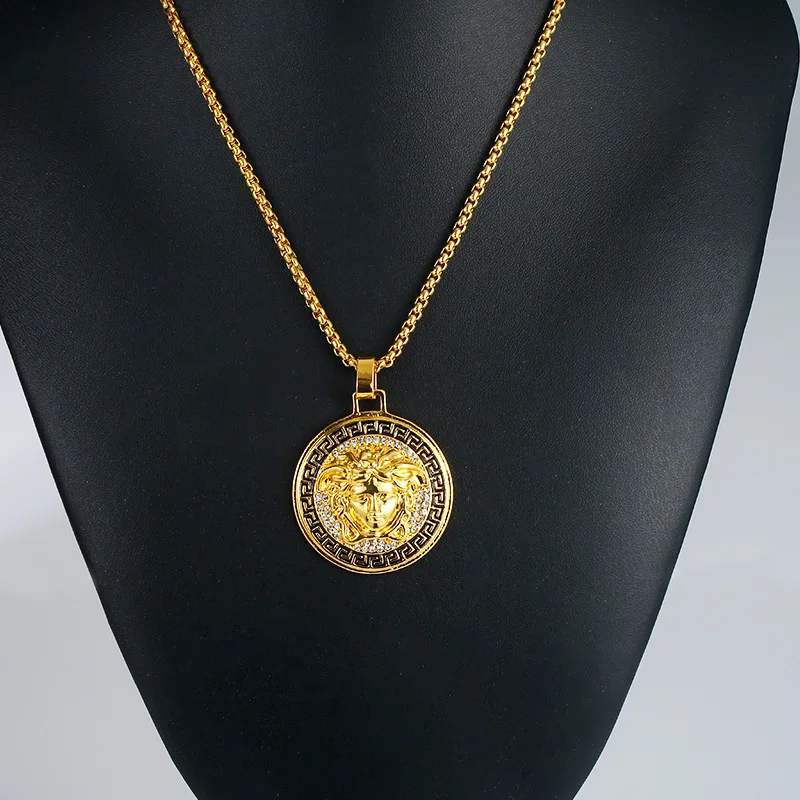 

gold double chain coin lion head link 18k gold plated necklace chain 2021 fashion sideways dainty jewelry hip hop custom set, Yellow gold