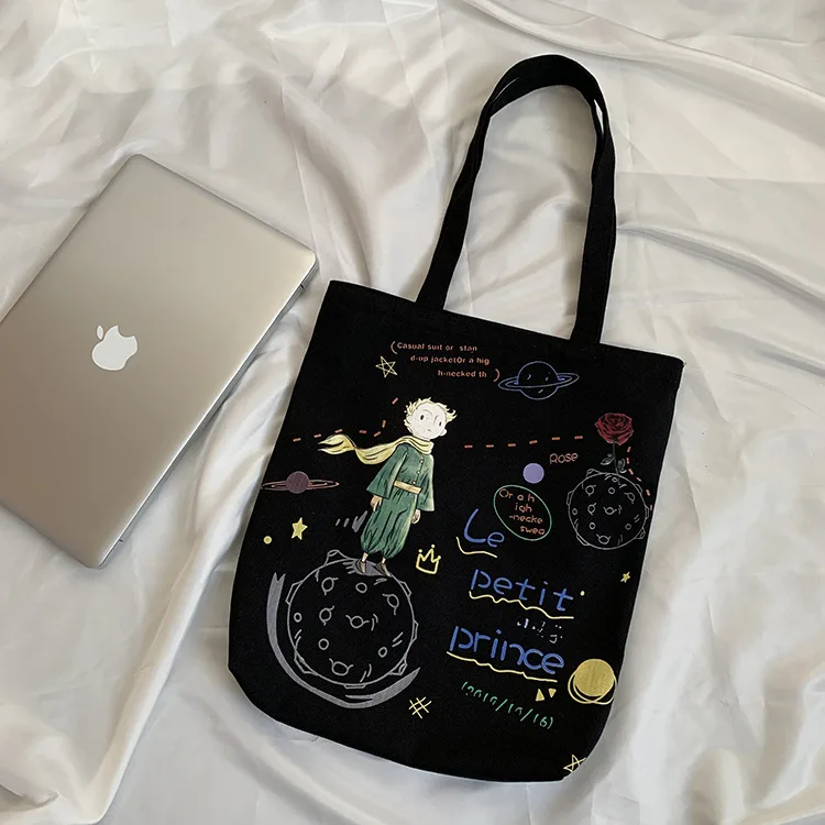 

2021 summer Ladies single shoulder lovely cartoon handbag customized large capacity canvas bag wholesale, Black