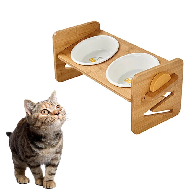 

High Quality Bamboo Wooden Frame Pet Cat Dog Bowl 15 Degree Tilt Adjustable Raised Pet Bowl Ceramic