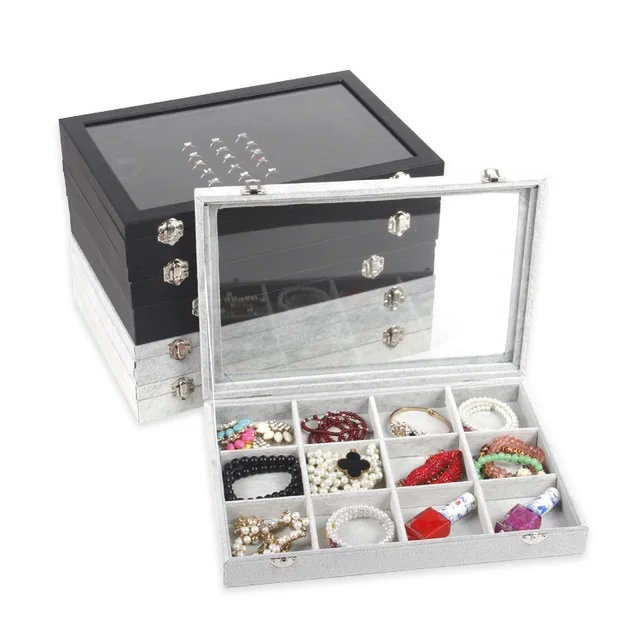 

Ice Grey Velvet Clear Lid Ring Earring Necklace Jewelry Storage Organizer Jewelry Display Showcase Box, Kahqi/black/white