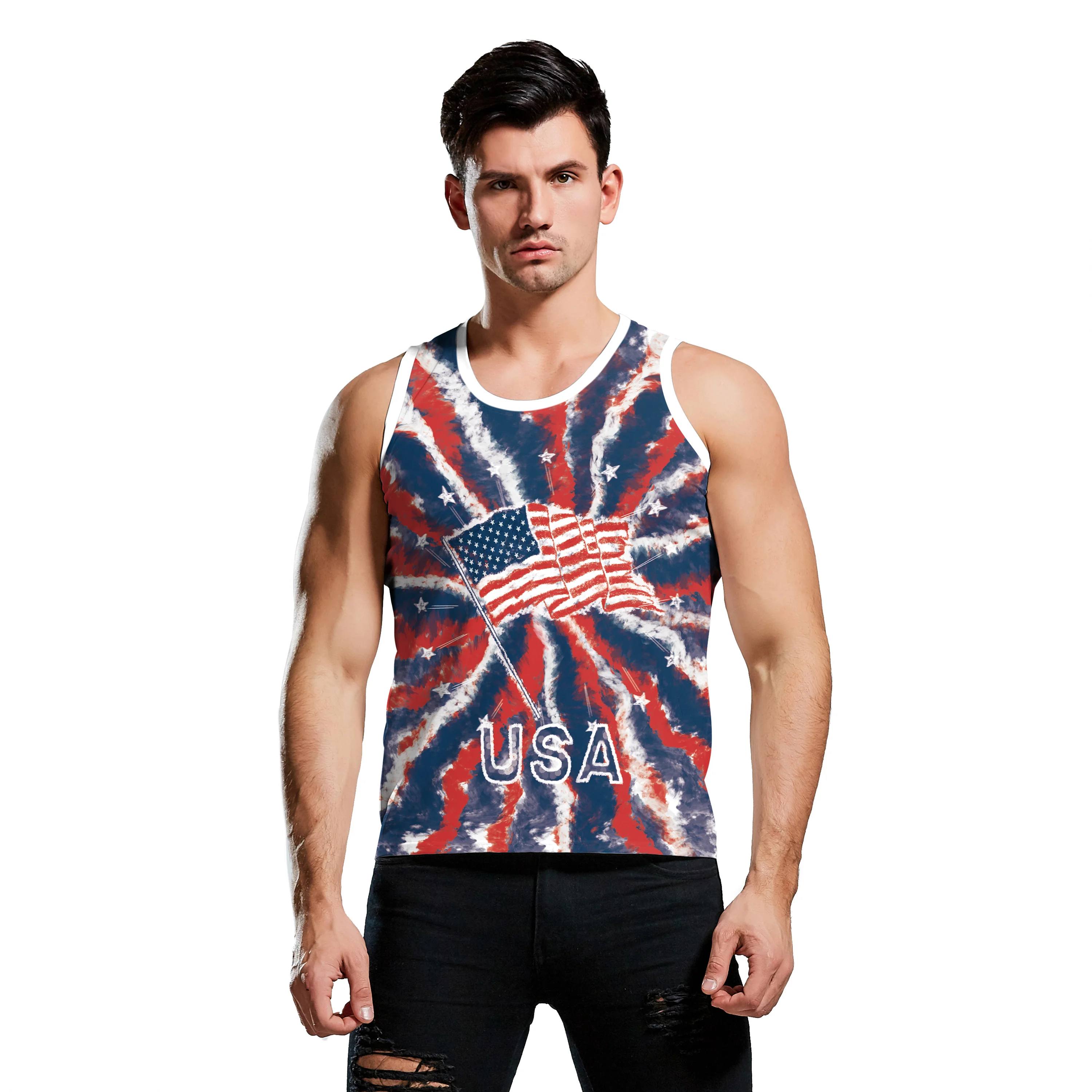 

NADANBAO Wholesale custom logo print fitness gym sporty man sleeveless tops 100% polyester USA Independence Day tank top for men