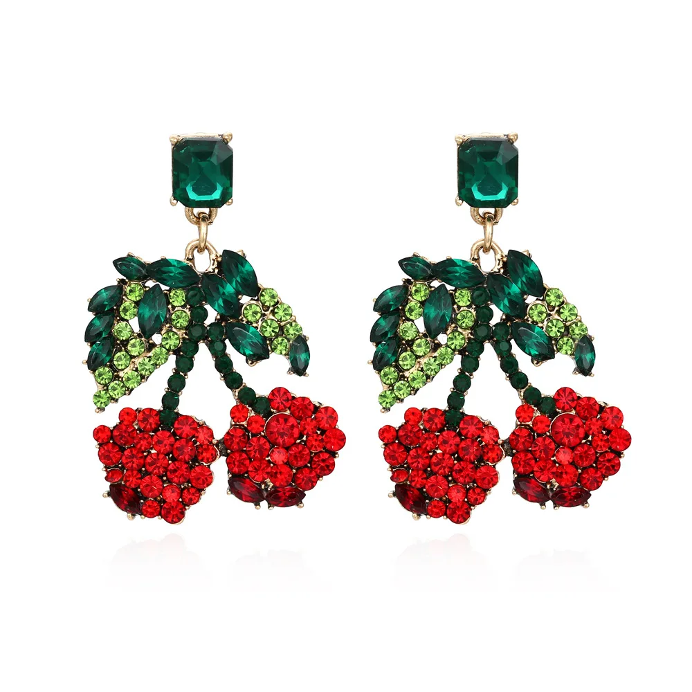 

Fashion Cute Glass Colored Diamond Cherry Earrings Retro Fruit Earrings For Women 2021, Like picture