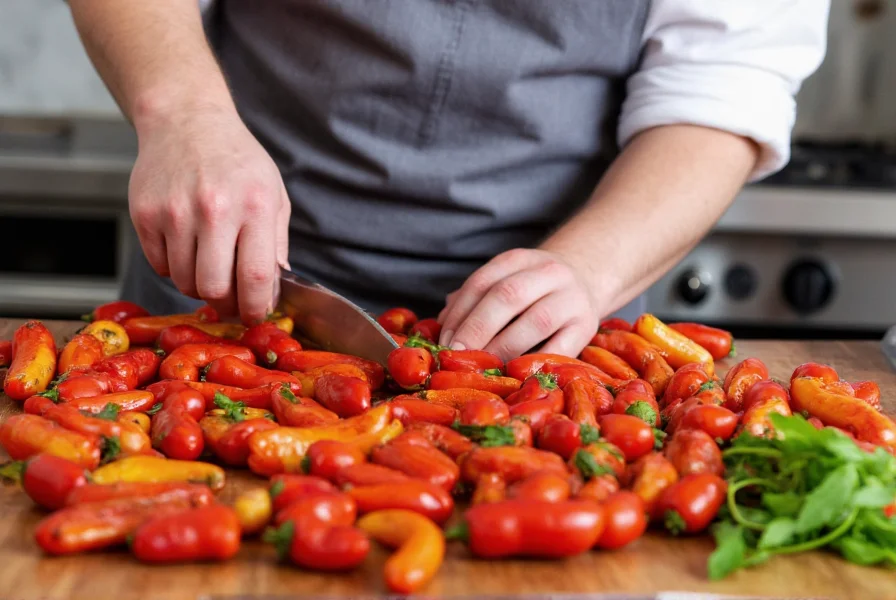 Chef preparing roasted red peppers with fresh herbs on kitchen counter