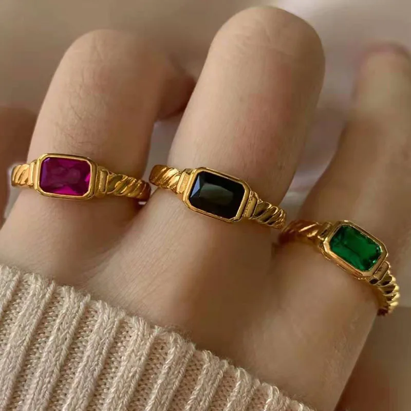 

Color Korean Trendy 18K Gold Plated Stainless Steel Red Gemstone Rings
