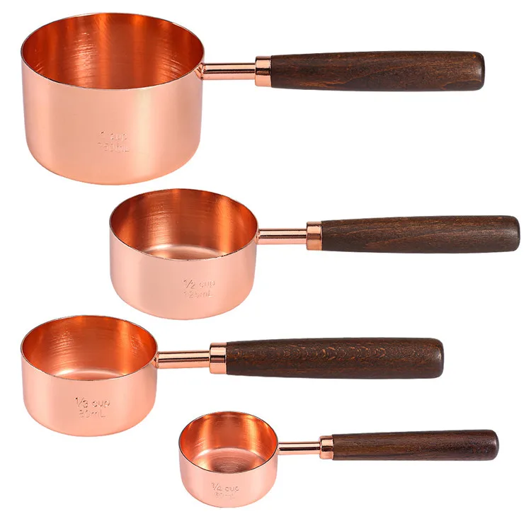 

Professional baking tools 4 piece walnut wood handle copper plated stainless steel measuring cups and spoons set