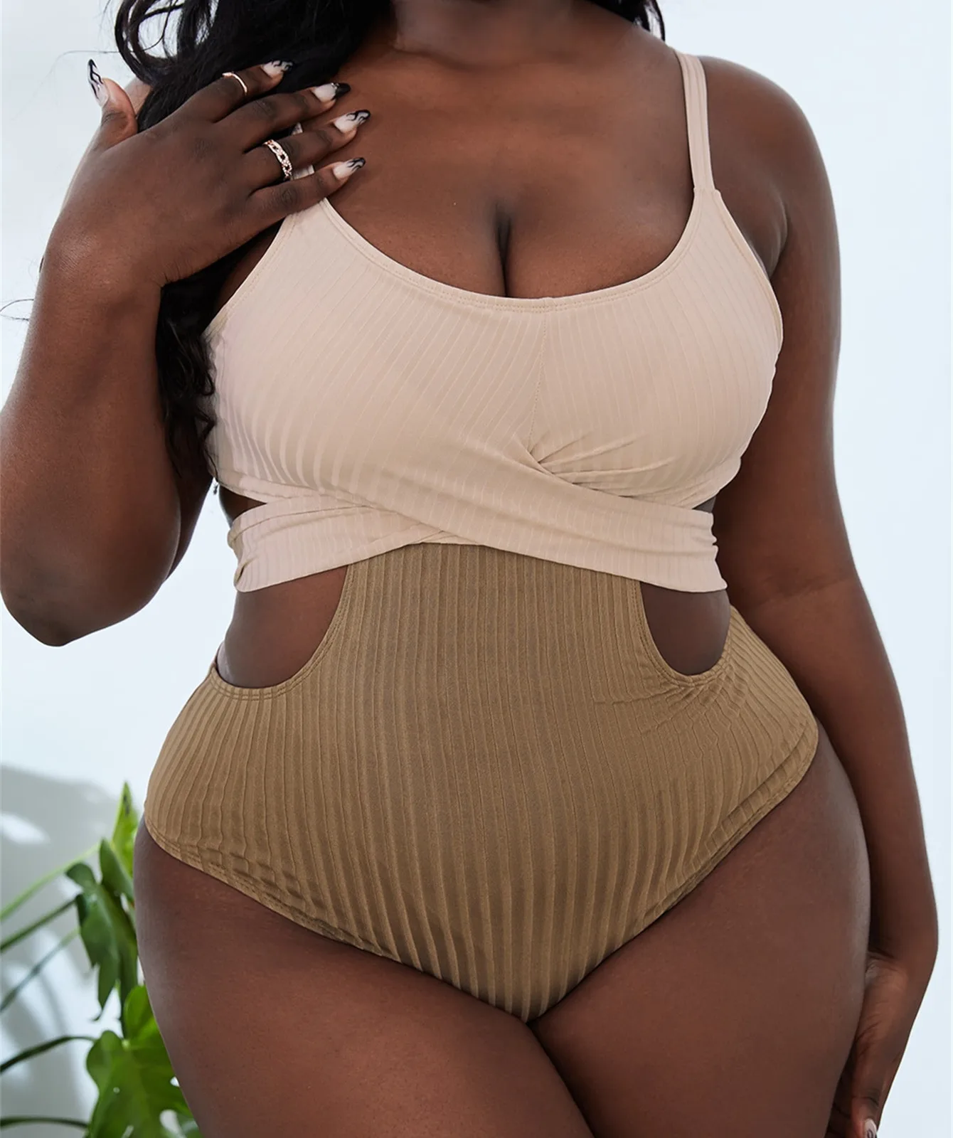 

2022 Wholesale Fat Women One Piece Colorblock Hollow Out Patchwork Straps Ribbed Sling Xxxxl Plus Size Swimsuits Bikini Swimwear, Cyan, skin tone
