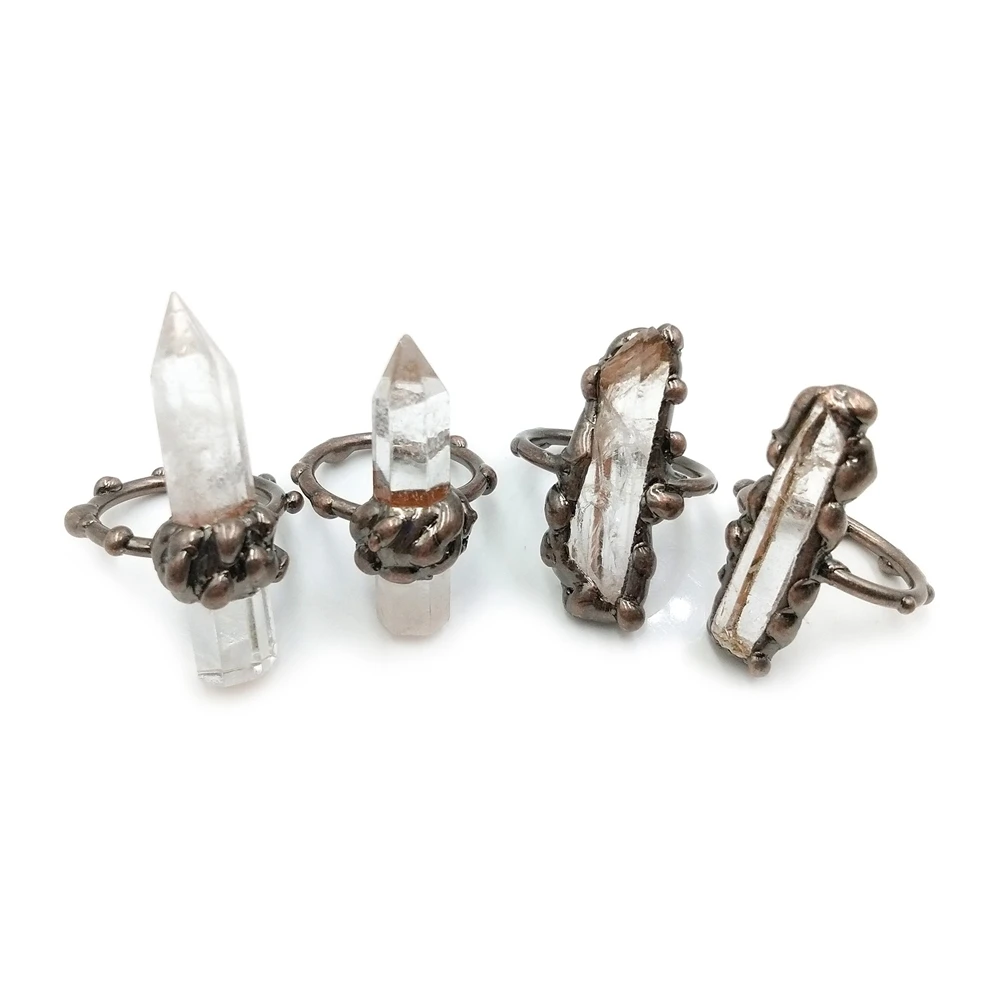 

Natural Raw Point crystal Metalwork bronze Ring Solder sunset colors Bar Clear Energy ring Original design jewelry for Men