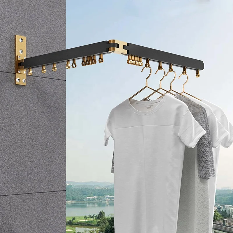 

Aluminum alloy folding black Garment rail bathroom balcony movable multi-pole Wall Mounted clothes drying rack with hook, Black/rose gold