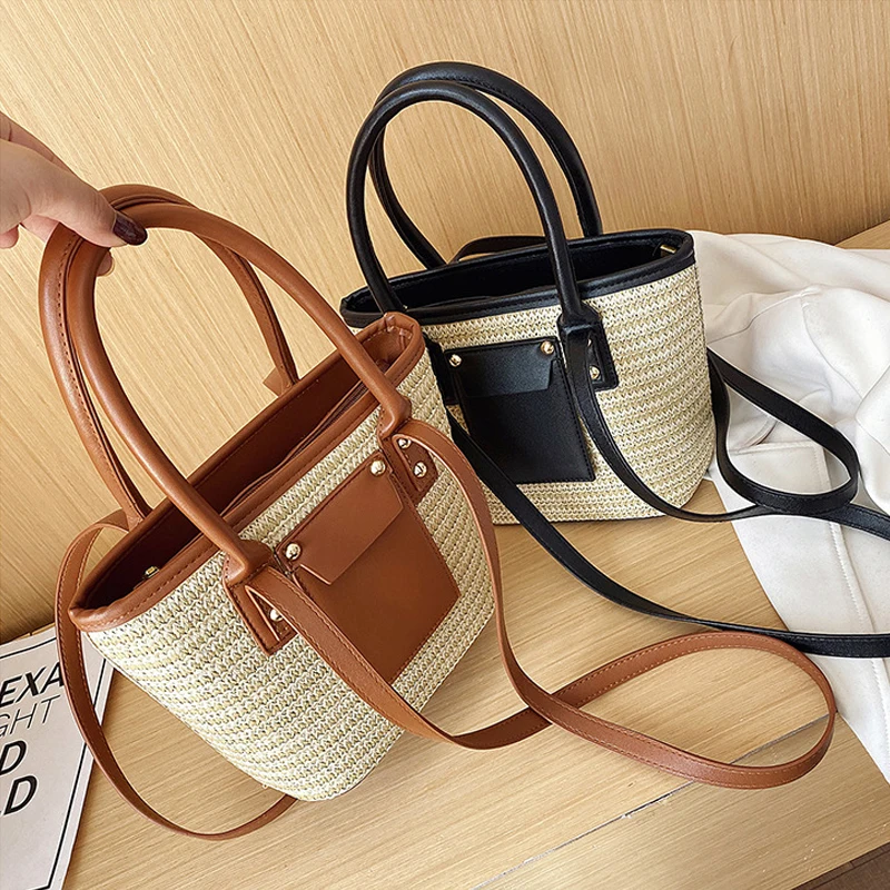 

2022 new straw bag bucket korean version of the wild shoulder messenger handbags for women ladies, Colorful,black i,black ii