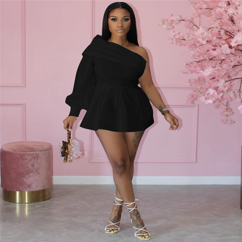 

2021 New Arrival Mini Shirt Dress One Shoulder Clothing Pure Color Out Wear Street Plain Dresses Casual Puff Sleeve Short dress, Custom choose