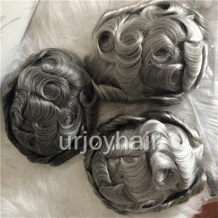 

High quality Full PU men toupee 1B/grey color hair replacement 100% human hair gray toupee for old men