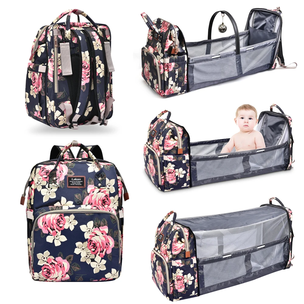 

2021 Hot Free Sample Custom Large Portable Folding Stroller Mummy Travel Bed Diaper Nappy Bags Diaper Backpack Baby Diaper Bag, Peony and costom