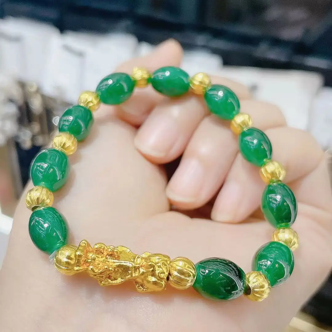 

Jade Beads Good Luck Charm Bracelet Feng Shui Wealth PIXIU Gold Bracelet for Gift