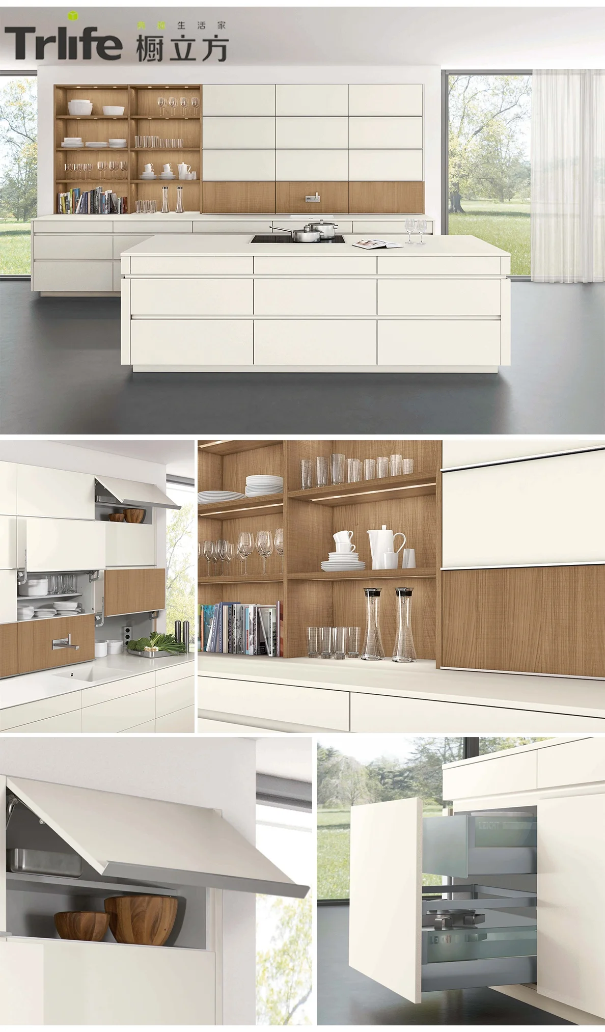Customize modern style rectangle shape artificial quartz countertop  beige color MDF lacquer kitchen cabinets designs