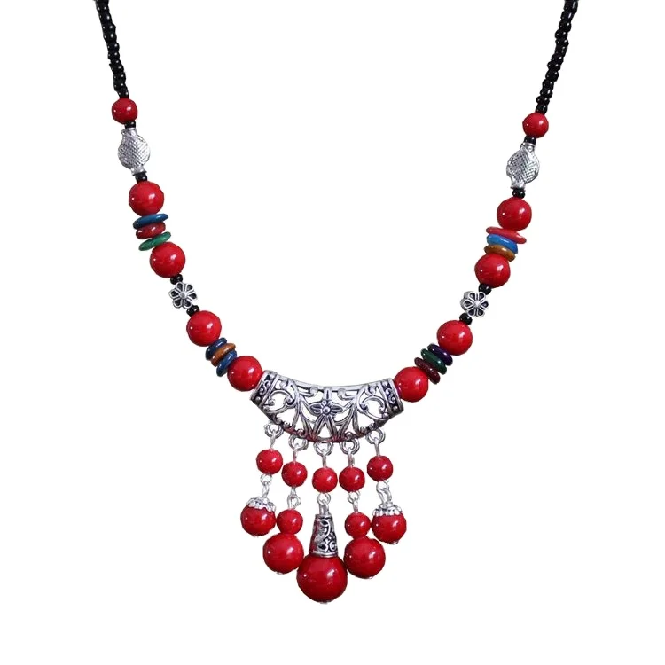 

New Yunnan Ethnic Style Accessories Short Necklace Red Color Stone Eyebrow Pendant Exaggerated Retro Ornament Xl180