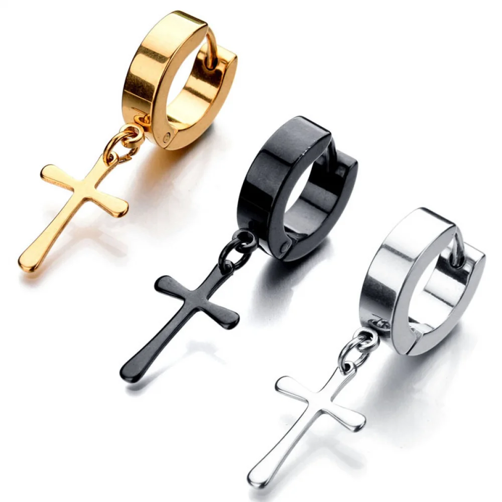 

Punk Aretes De Cruz Hombre Hip Hop Fashion Jewelry Gold Plated Stainless Steel Dangle Mens Cross Earring